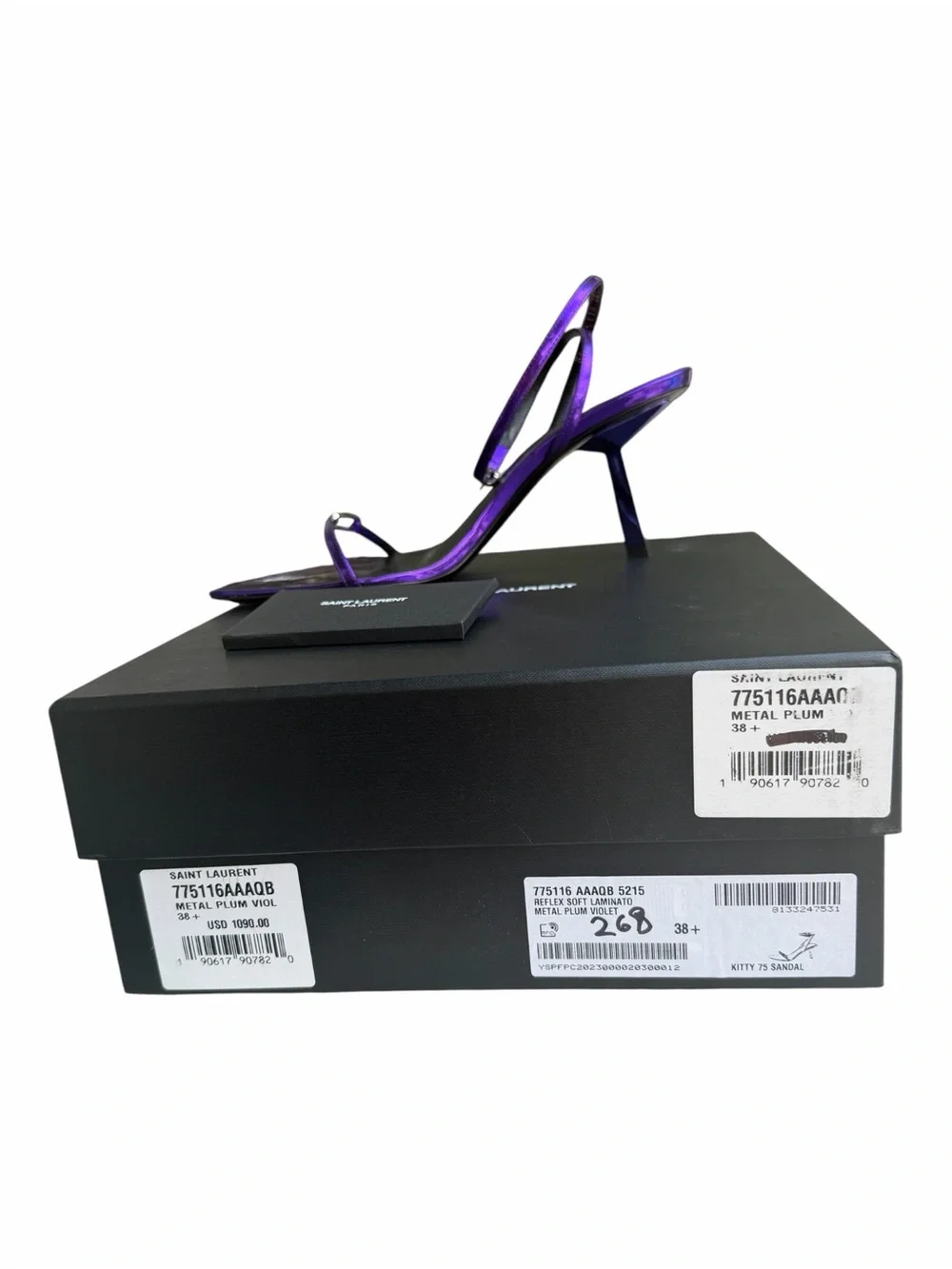 Saint Laurent Kitty 75 Metallic Plum Violet Sandals Heels 38.5 NIB - Picture 9 of 14